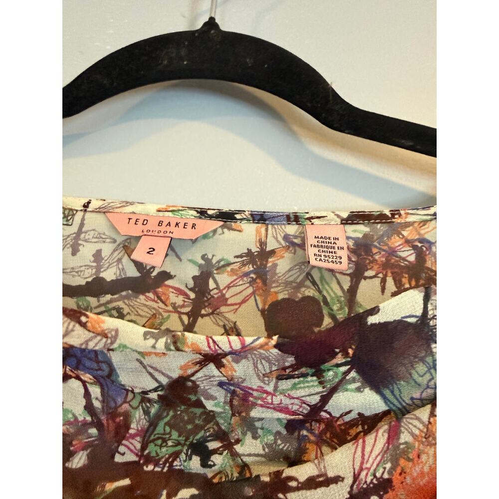 Ted Baker London Silk Dragonfly Print Ruched Peplum Blouse Top 2 - Picture 3 of 5